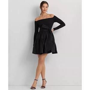 NWT Lauren Ralph Lauren Off Shoulder Dress Size 6 Taffeta Tiered Skirt Bow Belt